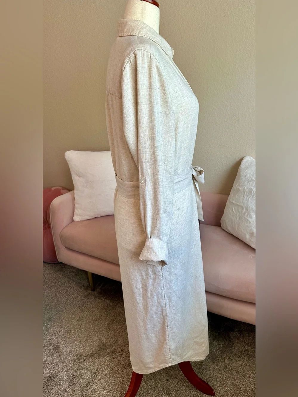 Abercrombie Fitch Shirt Dress Long Linen Viscose LS Belted Natural Cream Sz M T